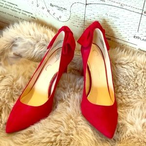 Jessica Simpson 3-inch red heel bow pumps